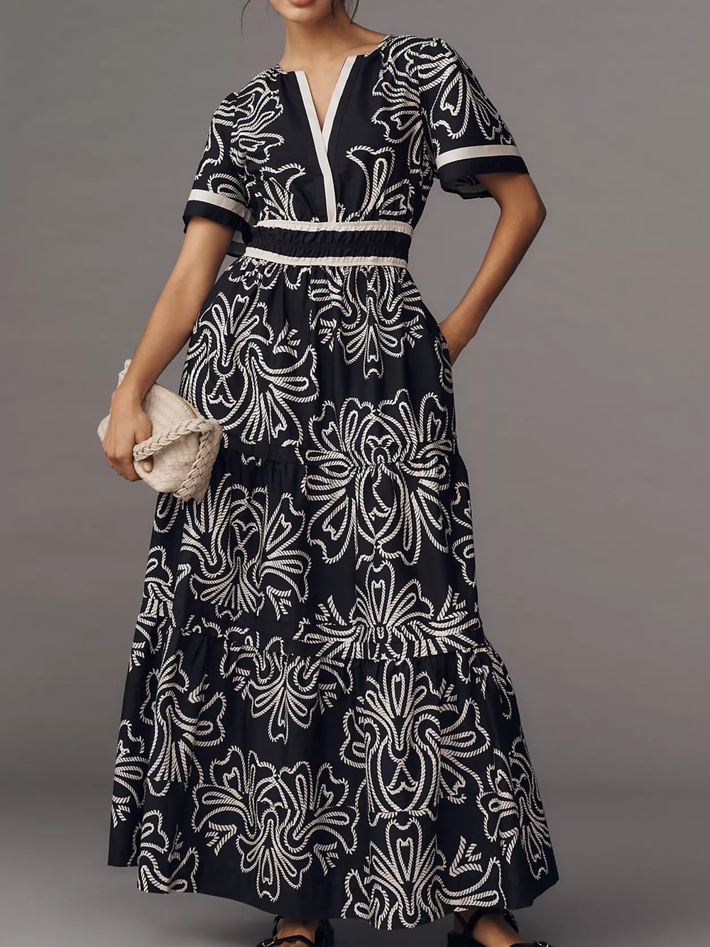 Anthropologie Somerset Maxi Dress Floral Tiered Fall Cotton Black Ivory Size Xs
